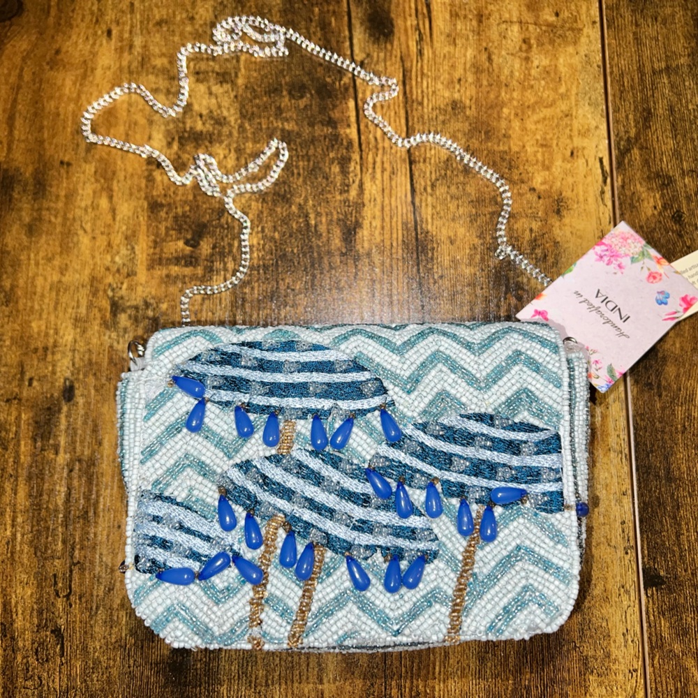 Elegant Blue and White Beaded Bag with Chain Strap